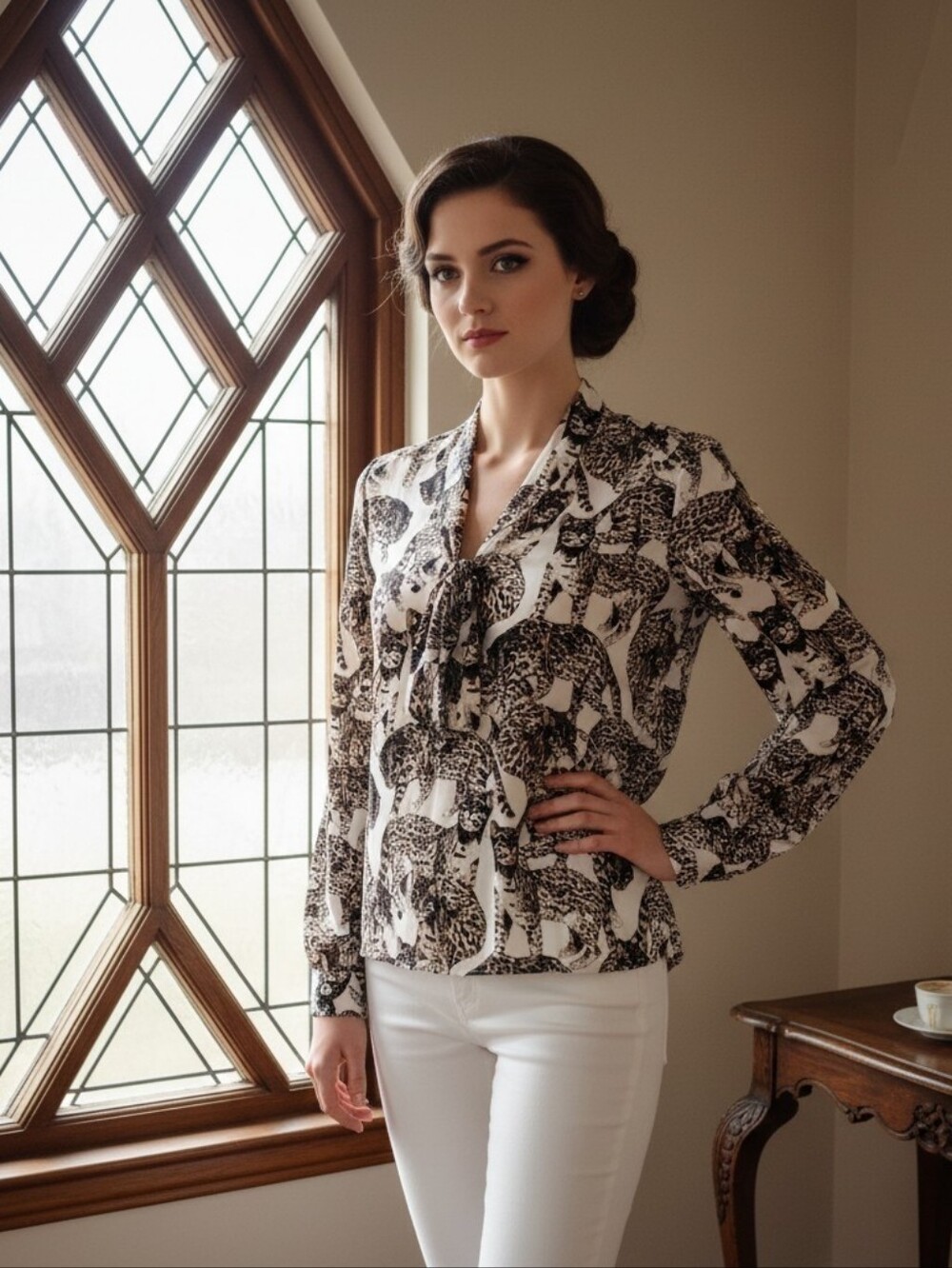 H&M Fierce Black White & Brown Blue Eyed Leopard Print Tie-Neck Blouse Size 6
